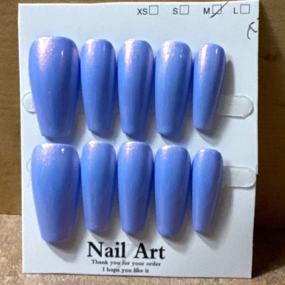 Periwinkle Blue Iridescent Shimmer Press On Nails Long Coffin‎ Size Medium 10pc